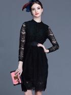 Shein Black Round Neck Long Sleeve Drawstring Lace Dress