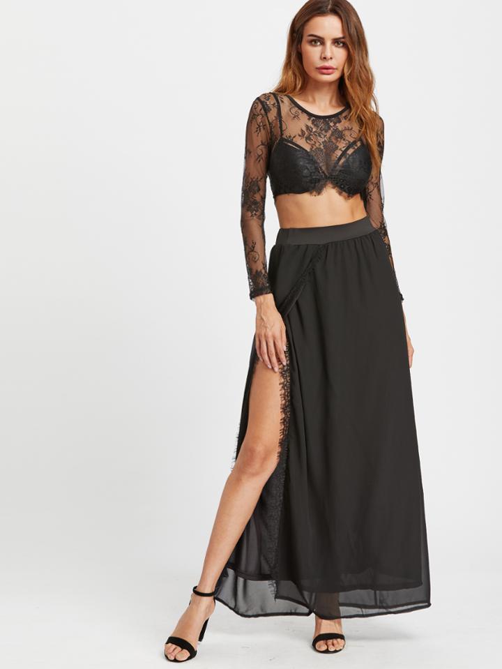 Shein Sheer Eyelash Lace Crop Top With Slit Side Skirt