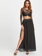 Shein Sheer Eyelash Lace Crop Top With Slit Side Skirt