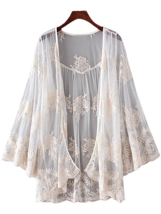 Shein White Bell Sleeve Embroidery Lace Sunscreen Cardigan Outerwear