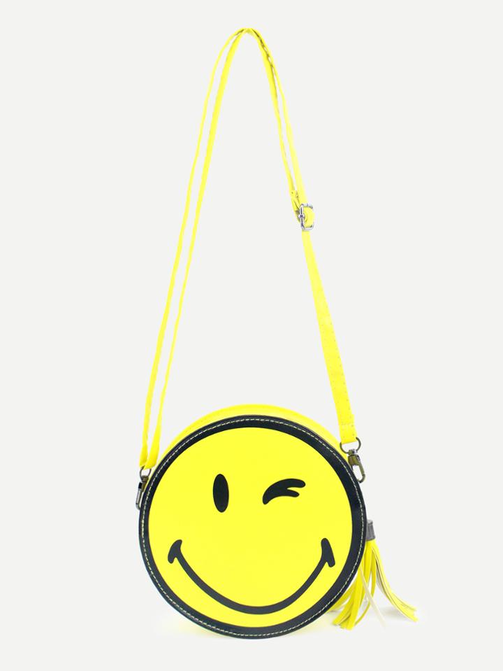 Shein Yellow Smiling Face Print Tassel Trim Round Crossbody Bag