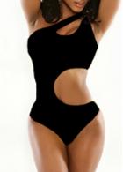 Rosewe Cutout Design One Shoulder Black Stretchy Monokini