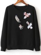 Shein Black Embroidery Raglan Sleeve Sweater With Sequin
