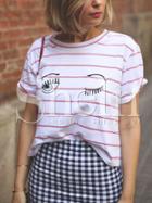Shein Red Stripe In White Eyelash Print T-shirt