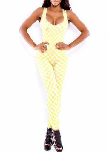 Rosewe Laconic Plaid Print Design Sleeveless Open Back Jumpsuit