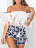 Shein Off The Shoulder Crochet Vintage Print Romper