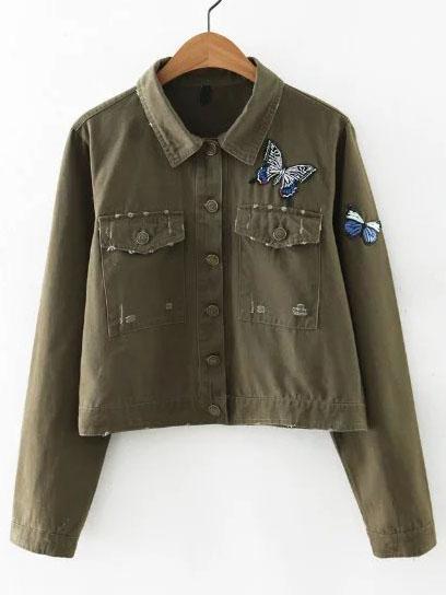 Shein Army Green Butterfly Patch Distressed Denim Jacket