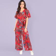 Shein Ruffle Sleeve Belted Floral Print Jumpsuit