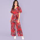 Shein Ruffle Sleeve Belted Floral Print Jumpsuit