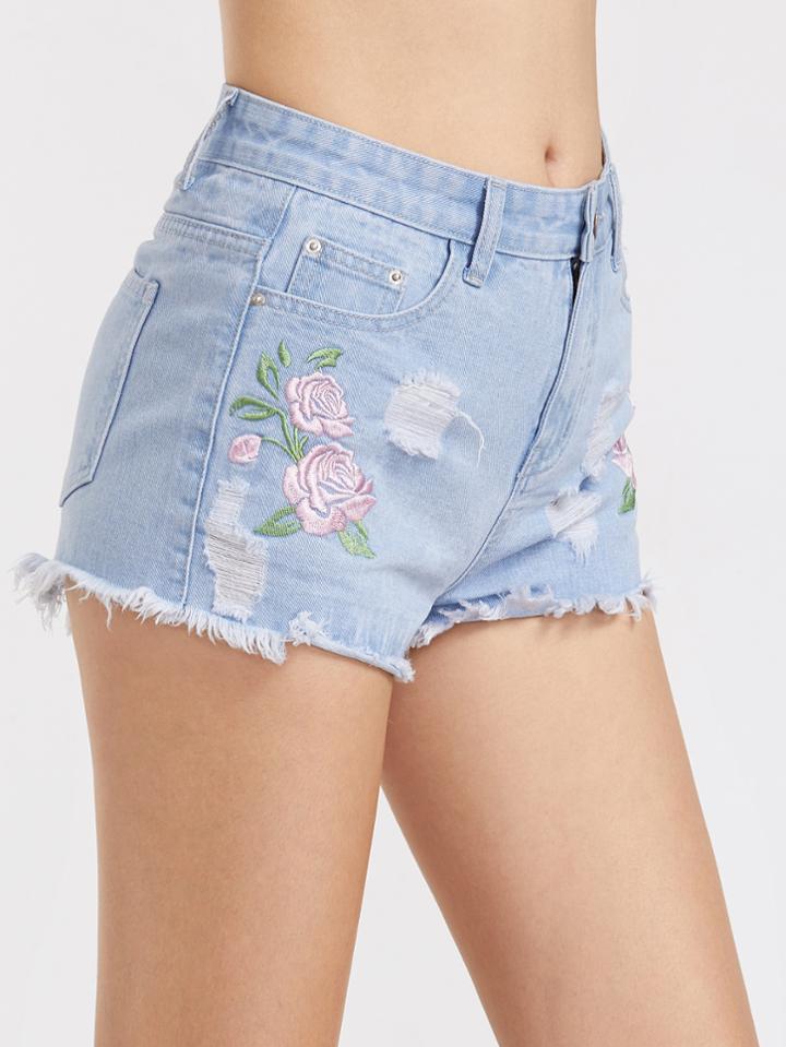 Shein Bleach Wash Rose Embroidered Frayed Denim Shorts