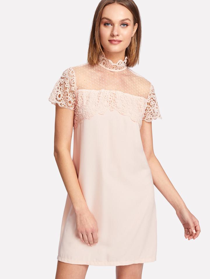 Shein Dot Mesh Yoke Lace Applique Dress
