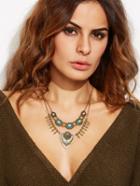 Shein Antique Gold Double Chain Carved Turquoise Statement Necklace