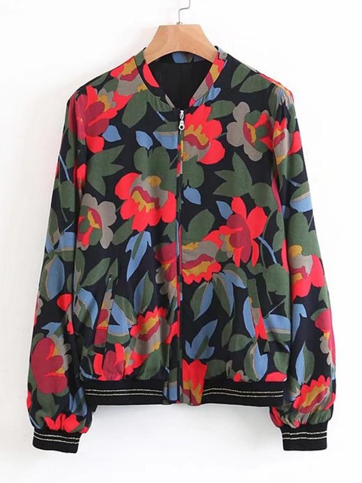 Shein Calico Print Striped Trim Zipper Up Jacket
