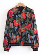 Shein Calico Print Striped Trim Zipper Up Jacket