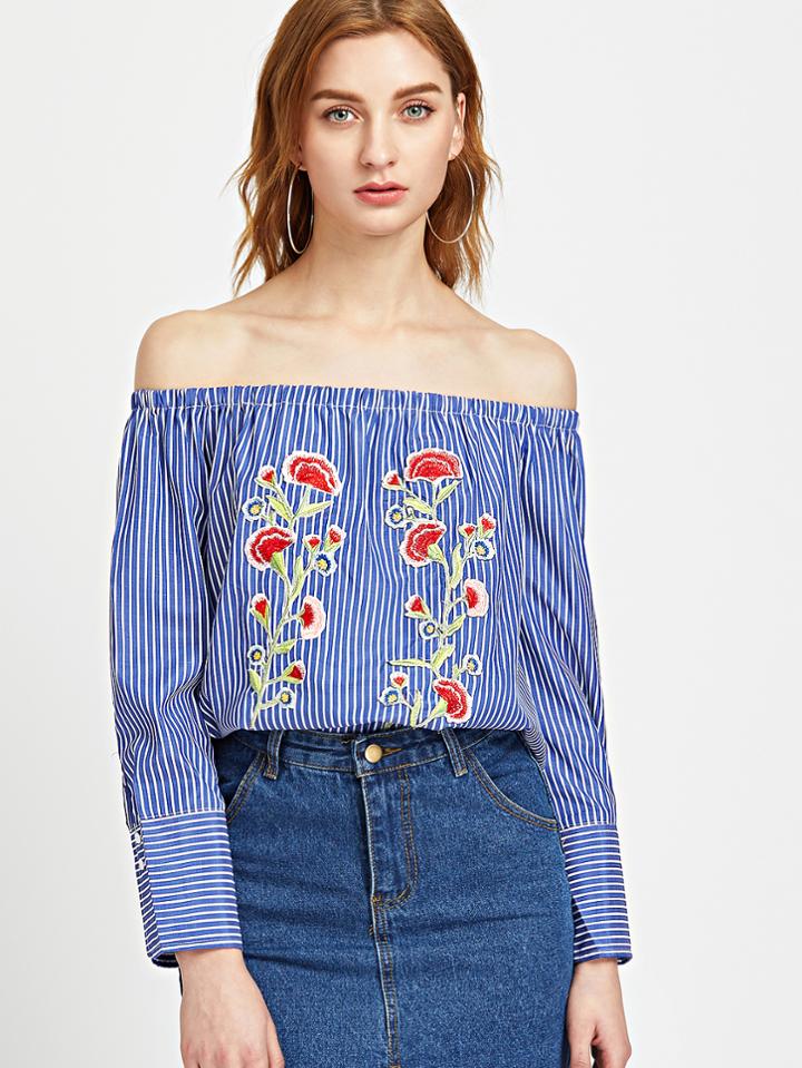 Shein Blue Striped Off The Shoulder Appliques Top