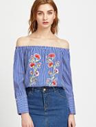 Shein Blue Striped Off The Shoulder Appliques Top