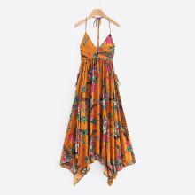 Shein Botanical Print Hanky Hem Halter Dress