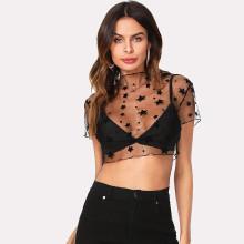 Shein Star Print Sheer Crop Top Without Bra