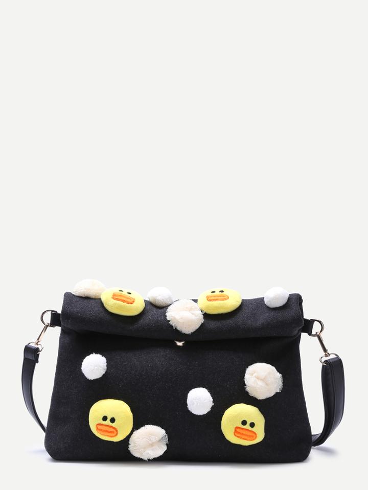 Shein Black Embellished Roll Top Woolen Shoulder Bag With Little Chicken Detail