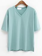 Shein Green V Neck Drop Shoulder T-shirt