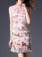 Shein Pink Collar Deers Embroidered Sheath Dress