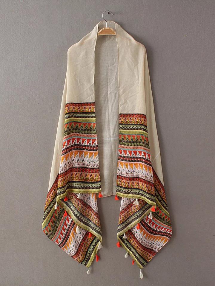 Shein Beige Tribal Print Tassel Trim Voile Scarf