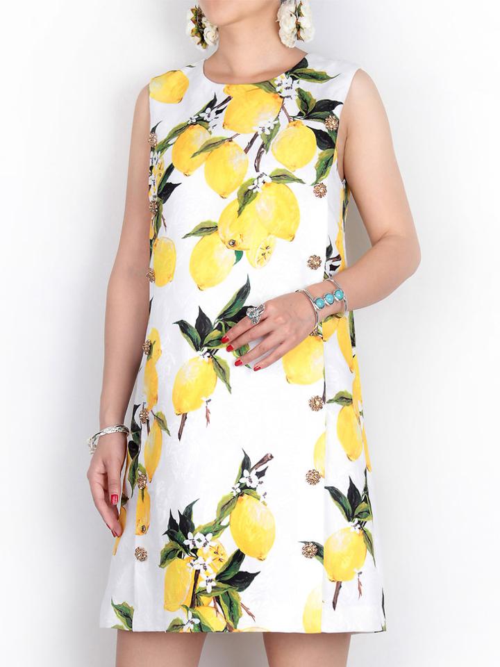 Shein White Crew Neck Lemons Jacquard Dress