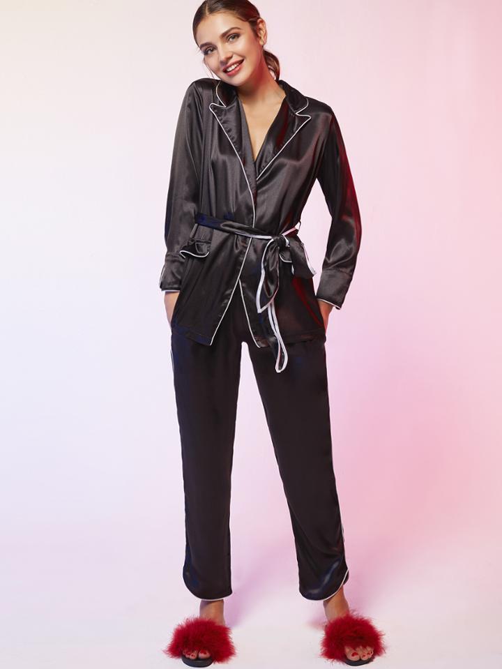 Shein Black Contrast Trim Belted Pajama Suit
