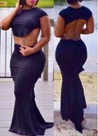 Rosewe Open Back Two Piece Black Top And Skirt Set