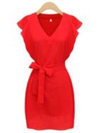 Shein Red V Neck Ruffle Sleeve Self-tie Dress