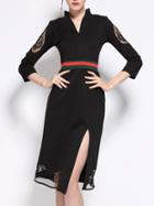 Shein Black V Neck Contrast Gauze Embroidered Split Dress
