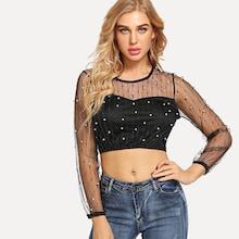 Shein Mesh Pearls Beaded Crop Top
