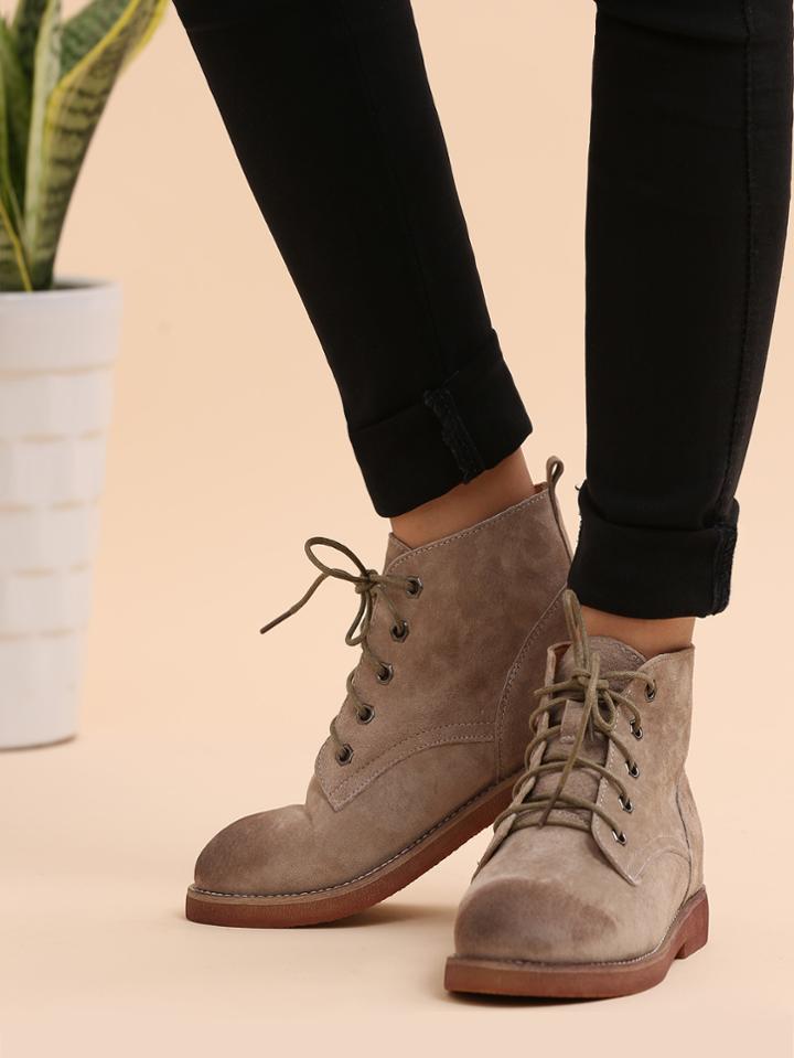 Shein Khaki Genuine Leather Distressed Oxford Boots