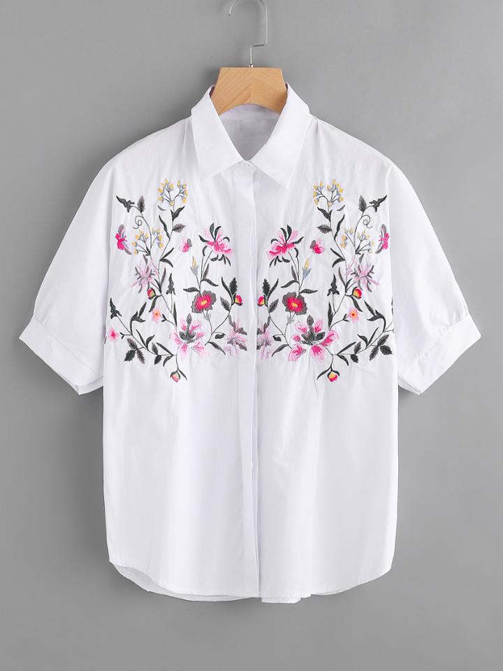 Shein Botanical Embroidered Front Blouse