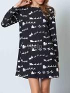 Shein Black Long Sleeve Deer Print Dress