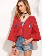 Shein Red Tassel Embroidered Long Sleeve Blouse
