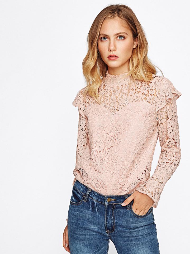 Shein Frill Trim Bell Cuff Floral Lace Top