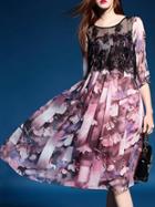 Shein Pink Contrast Lace Butterfly Print A-line Dress
