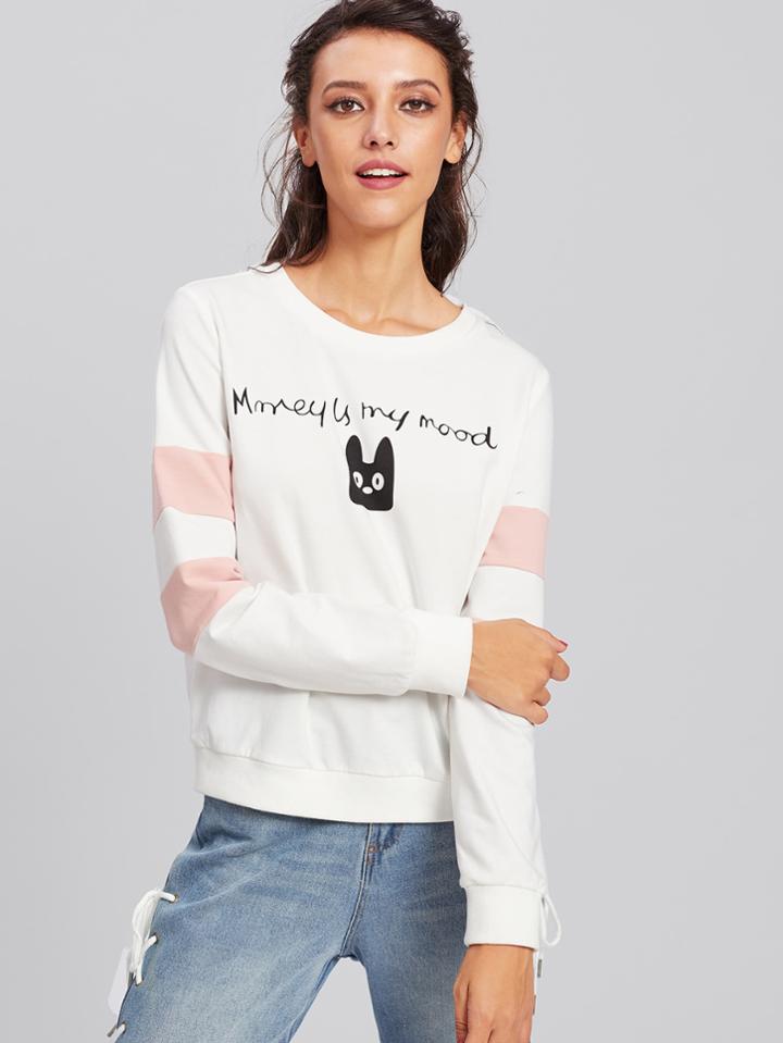 Shein Striped Sleeve Print Front Sweatshirt