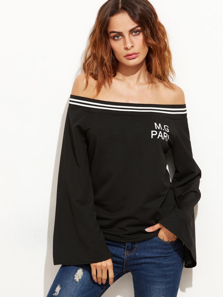 Shein Letter Print Off The Shoulder Striped Trim T-shirt