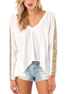 Shein White V Neck Long Sleeve Sequined Loose T-shirt