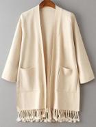 Shein Beige Side Slit Fringe Hem Pocket Cardigan