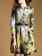 Shein Multicolor Round Neck Length Sleeve Print Drawstring Pockets Dress