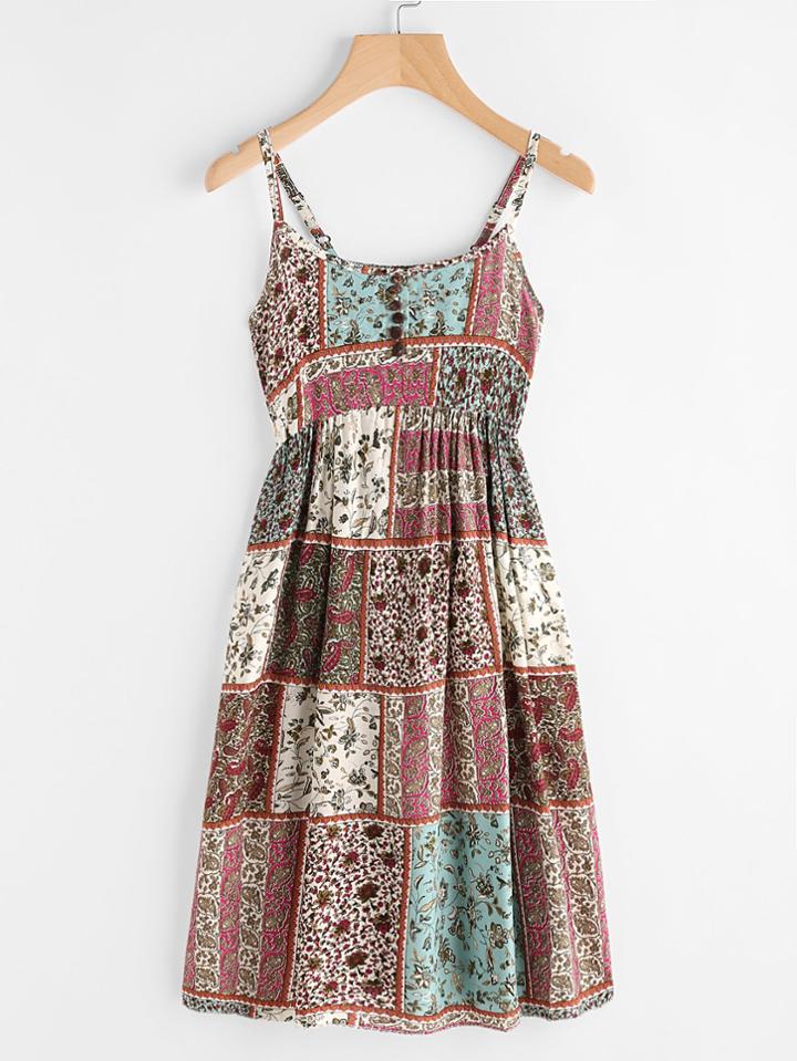 Shein Allover Aztec Print Button Front Cami Dress