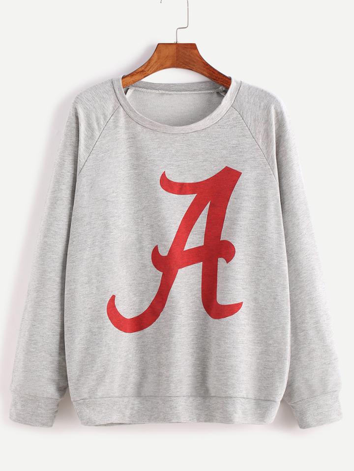 Shein Heather Grey Raglan Sleeve Letter Print Sweatshirt