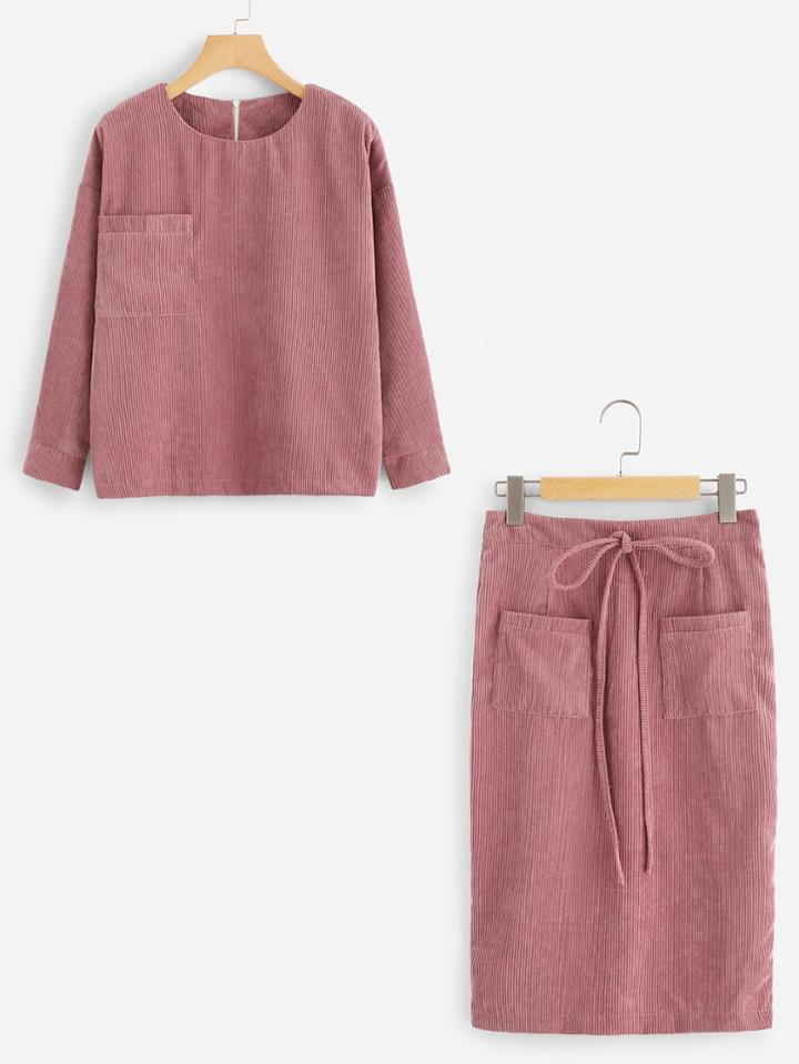 Shein Pocket Front Ribbed Top And Drawstring Skirt
