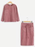 Shein Pocket Front Ribbed Top And Drawstring Skirt