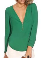 Rosewe Charming Green Long Sleeve T Shirt With V Neck