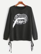 Shein Black Printed Raglan Sleeve Lace Up Side Sweatshirt