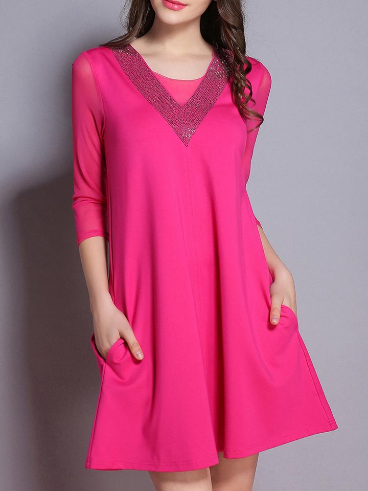 Shein Hot Pink Crew Neck Sequined Pockets Dress